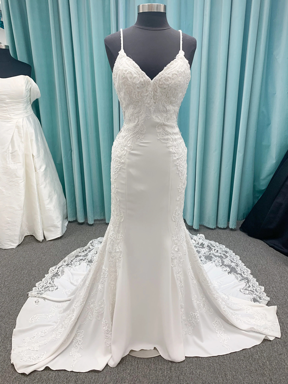 Morilee Style 8283 Lizzie V-Neck Crepe Sheath Wedding Dress with Allover